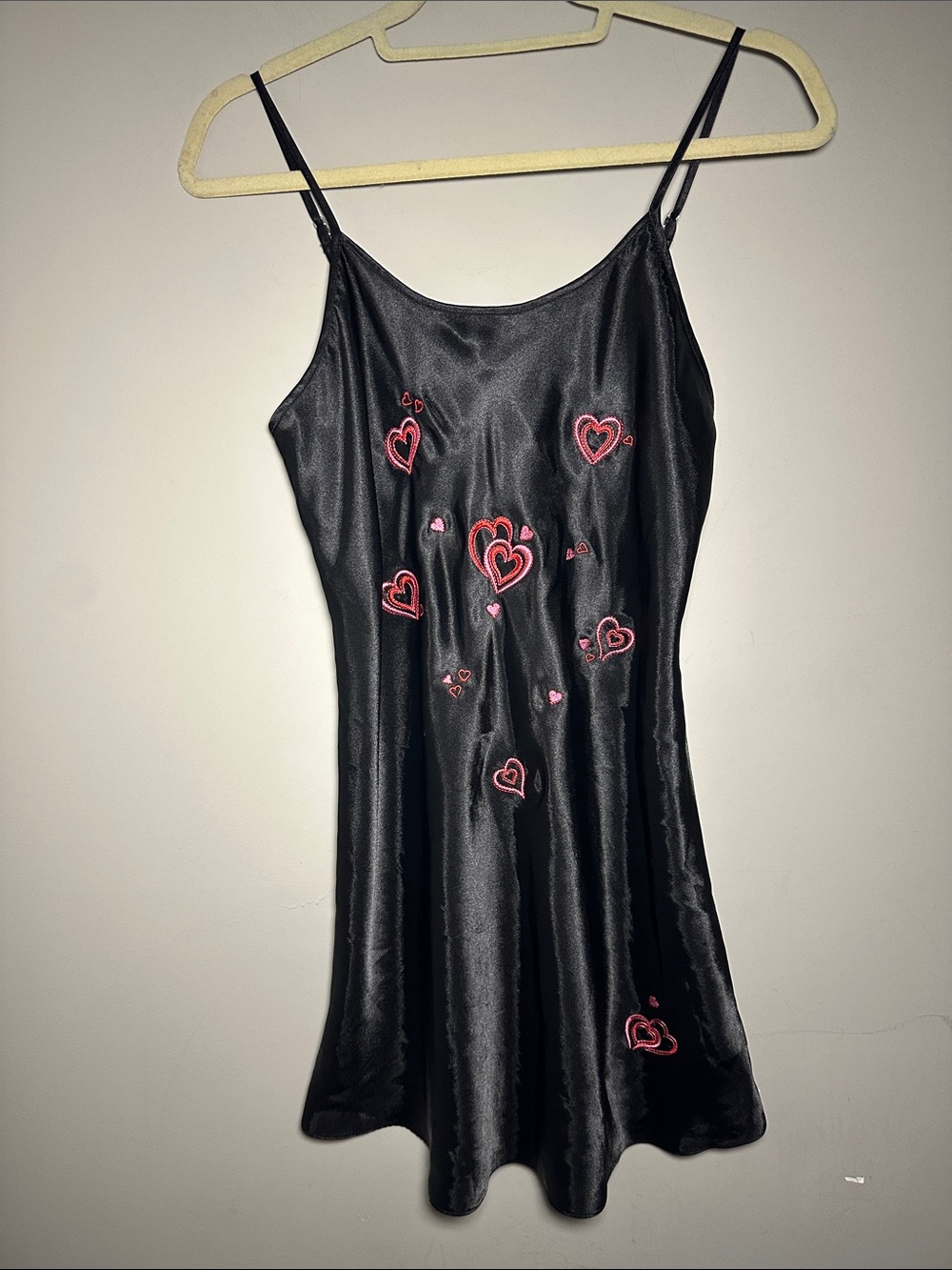 Inner Most Black Satin Spaghetti Strap Slip Dress with Pink Heart Embroidery
